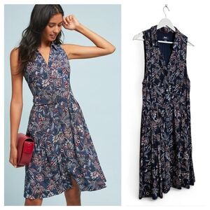 Anthropologie Maeve Calia Blue Floral Midi Shirtdress 14 Sleeveless Button Front